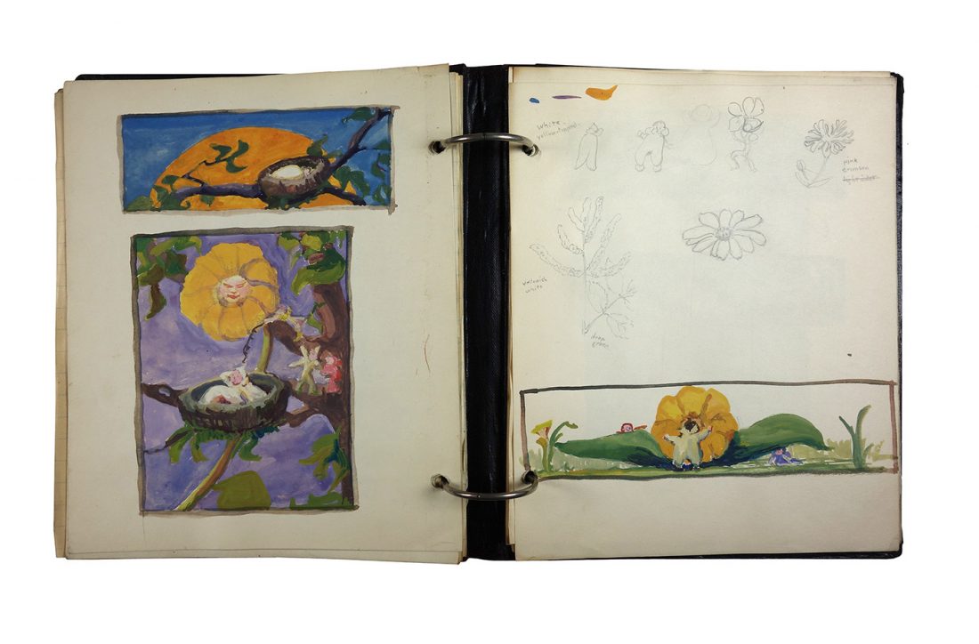 Binder with class notes, made in 1921/1922 by Charlotte Cummings while at the University of Wisconsin-Madison. Interior page showing color study using blues, oranges and purples.