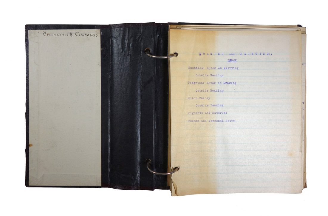 Binder with notes from Drawing and Painting classes, made by Charlotte R. Cummings in 1921/1922 while at the University of Wisconsin-Madison