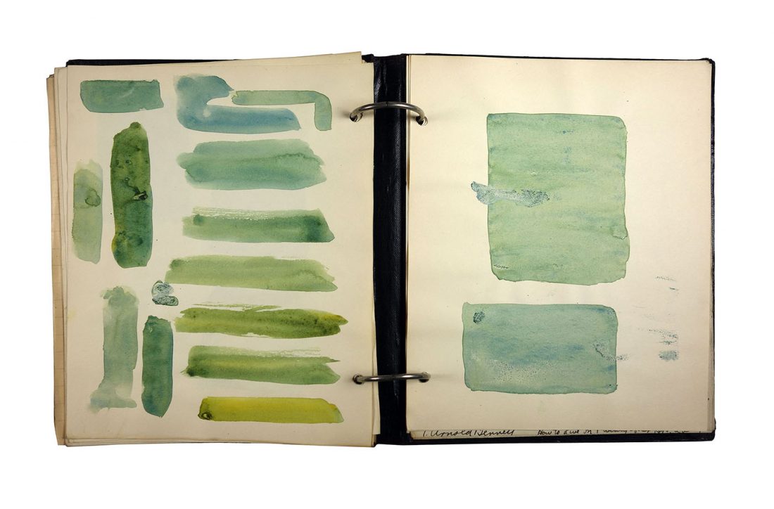 Binder with rectangles of green watery paint swatches; made in 1921/1922 by Charlotte Cummings while at the University of Wisconsin-Madison.