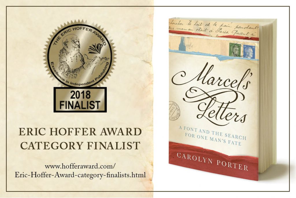 Image of cover of book "Marcel's Letters" next to Eric Hoffer Book Award Finalist badge.