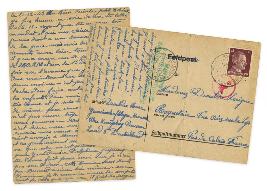 Front and back side of handwritten postcard from WWII