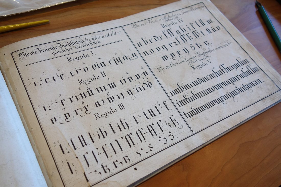 Book showing ductus detail of Fractur; Letterform Archive, San Francisco