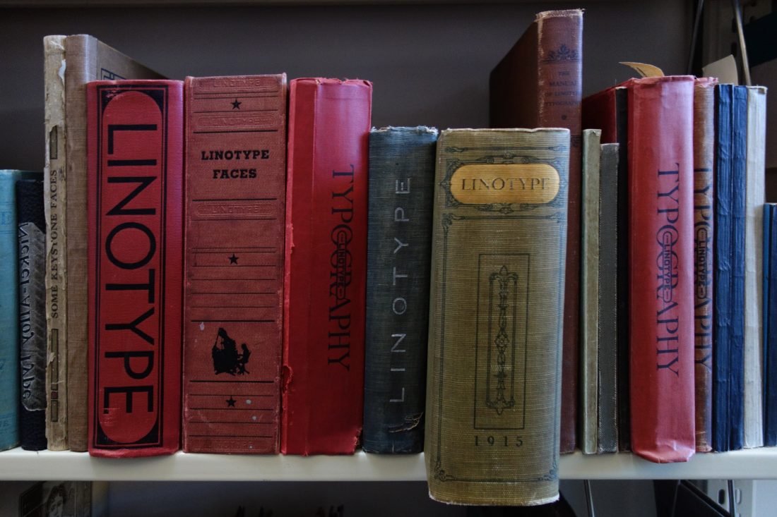 Shelves filled with Linotype specimen books; Letterform Archive, San Francisco