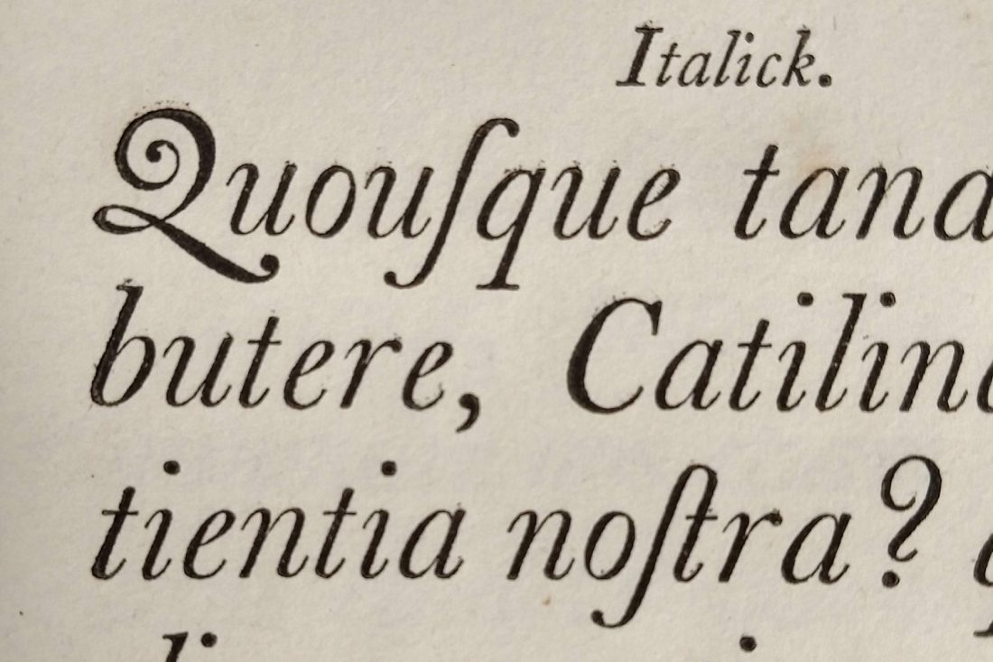 Close up photo of type specimen book; Letterform Archive, San Francisco