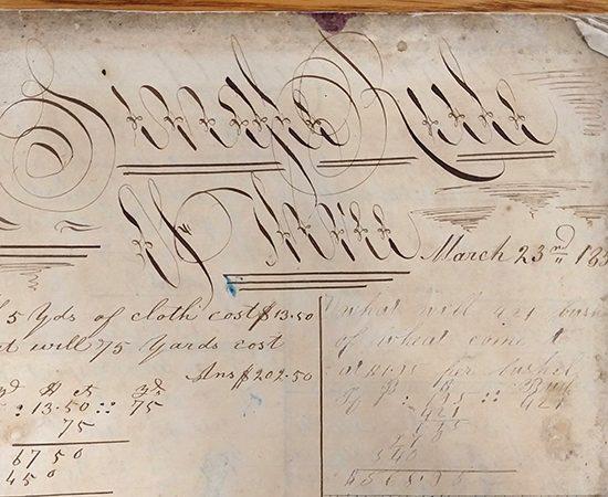 Detail of ornate handwritten word "Single Rule of Three" from 1859 math workbook of William D. Linebaugh