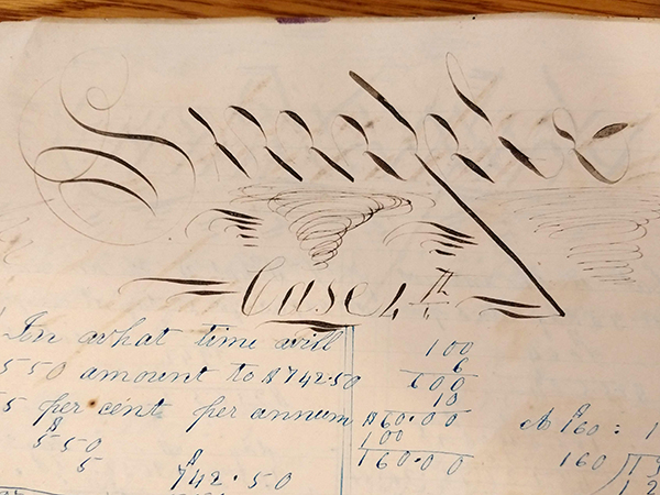 Detail of ornate handwritten word "Simple Case" from 1859 math workbook of William D. Linebaugh