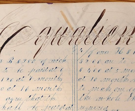 Detail of ornate handwritten word "Equation" from 1859 math workbook of William D. Linebaugh