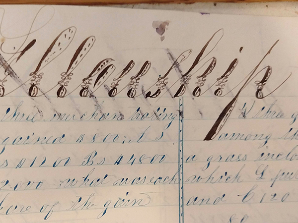 Detail of ornate handwritten word from 1859 math workbook of William D. Linebaugh
