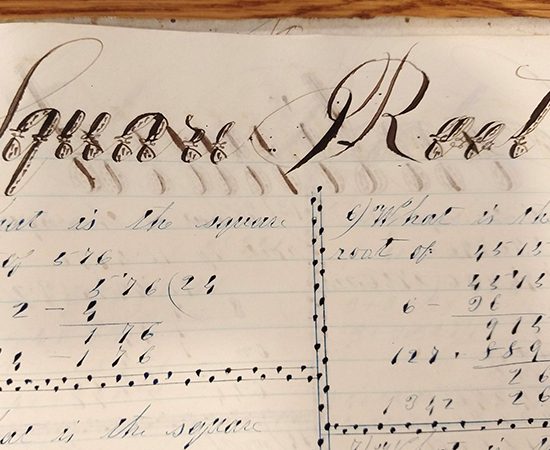 Detail of ornate handwritten word "Square Root" from 1859 math workbook of William D. Linebaugh