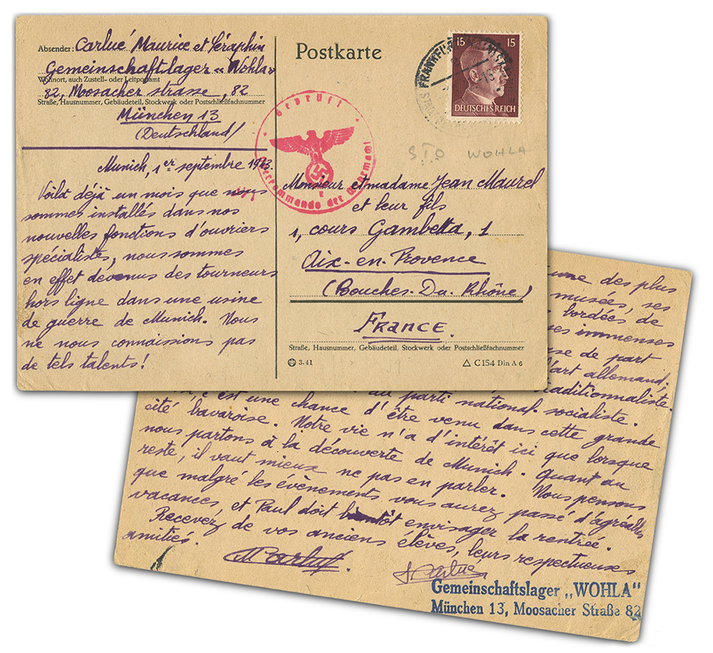 Postcard written September 1, 1943 by French forced laborers Maurice and Seraphin Carlue. The small postcard was written with violet ink and has a brown stamp with Hitler's profile.