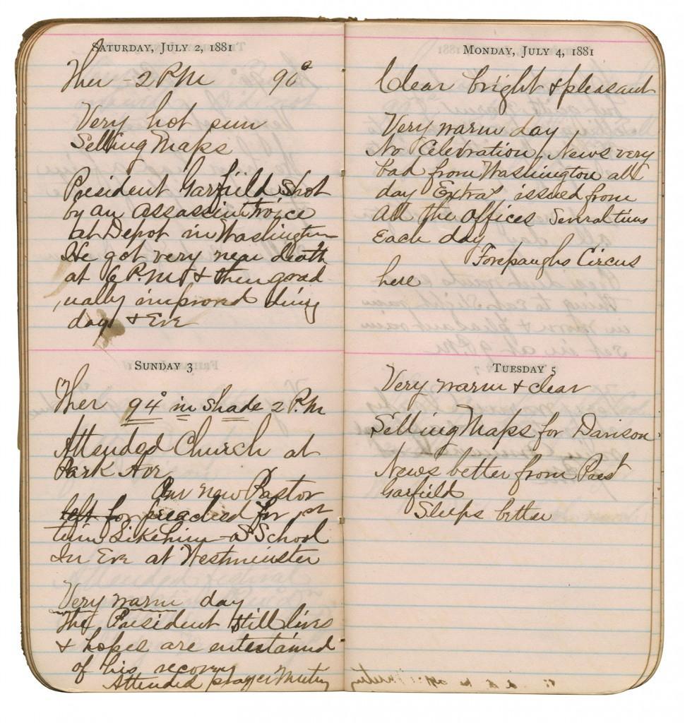 Handwritten diary pages showing July 2 - 5, 1881 and recording assassination of President Garfield