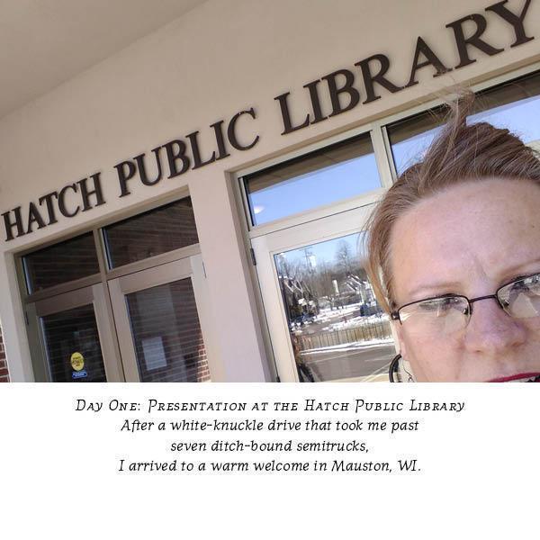 Carolyn Porter standing in front of the Hatch Public Library, Mauston, WI