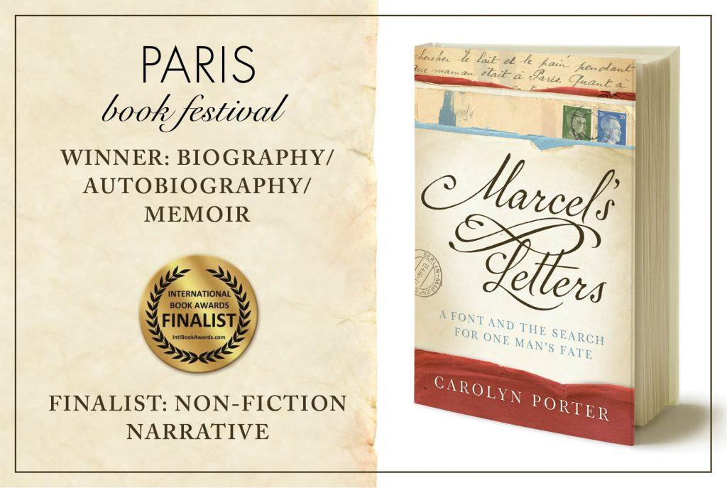 Front cover artwork of book, Marcel's Letters, with announcement of both Paris Book Award and International Book Award