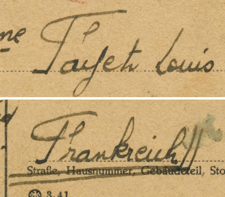 Handwritten words "Fayet" and "Frankreich" with funny-looking "P" under the cross-stroke of the "F"