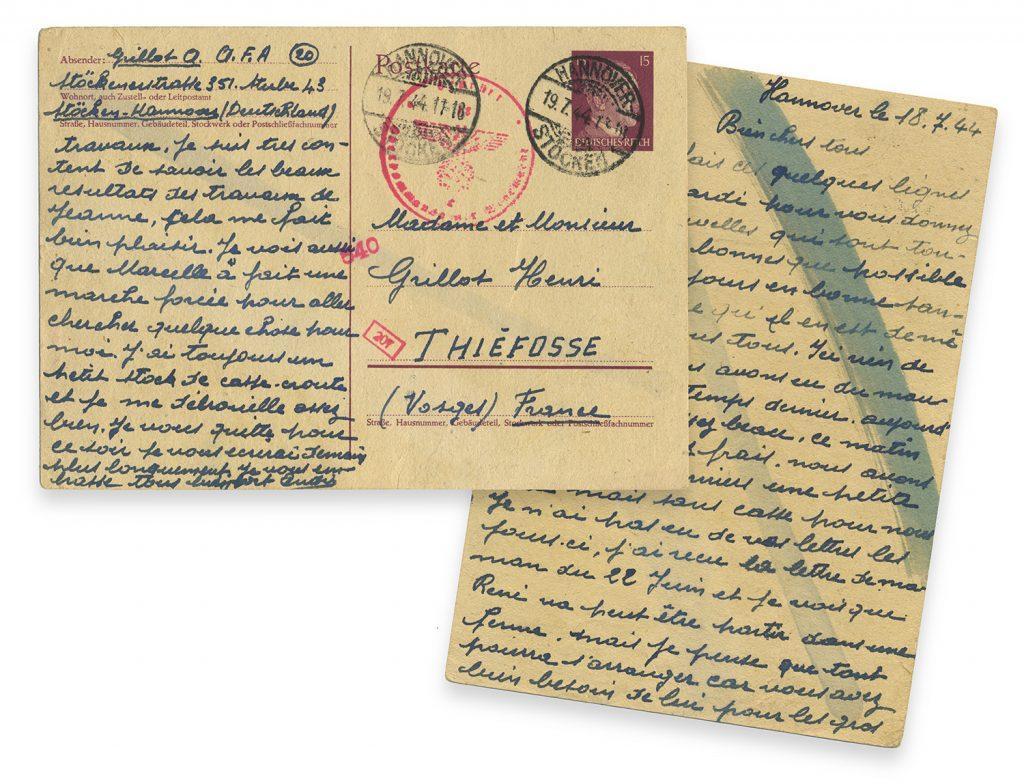 Handwritten postcard mailed July 18, 1944 from Hannover, Germany by French Forced Laborer A. Grillot