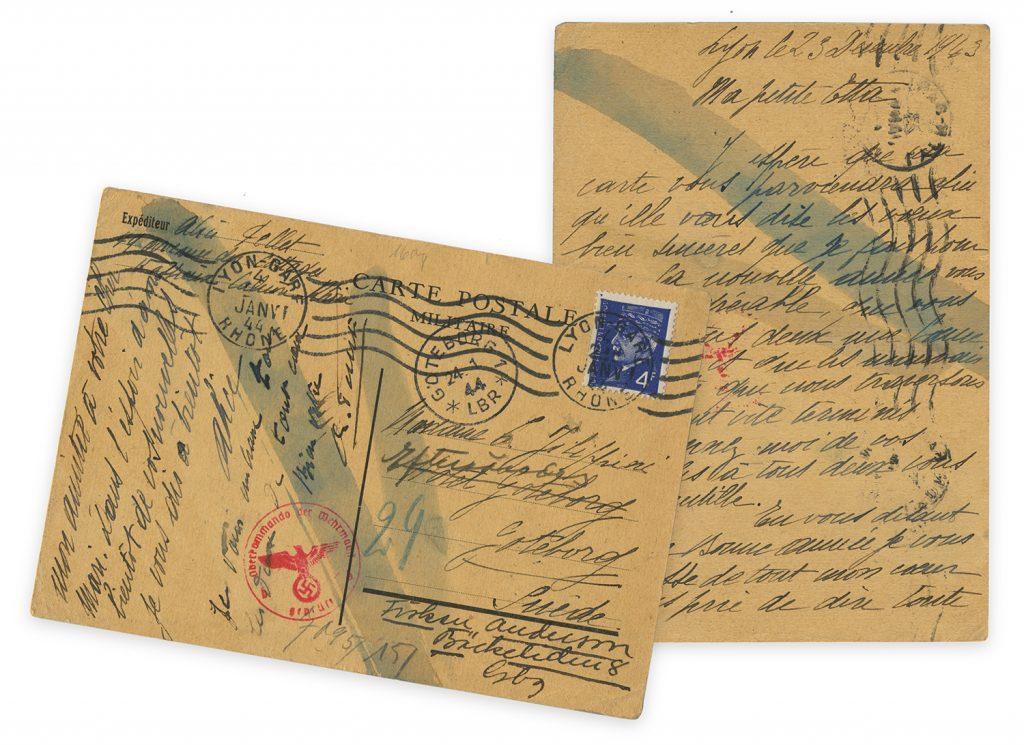 Front and back of yellowed postcard written December 23, 1943