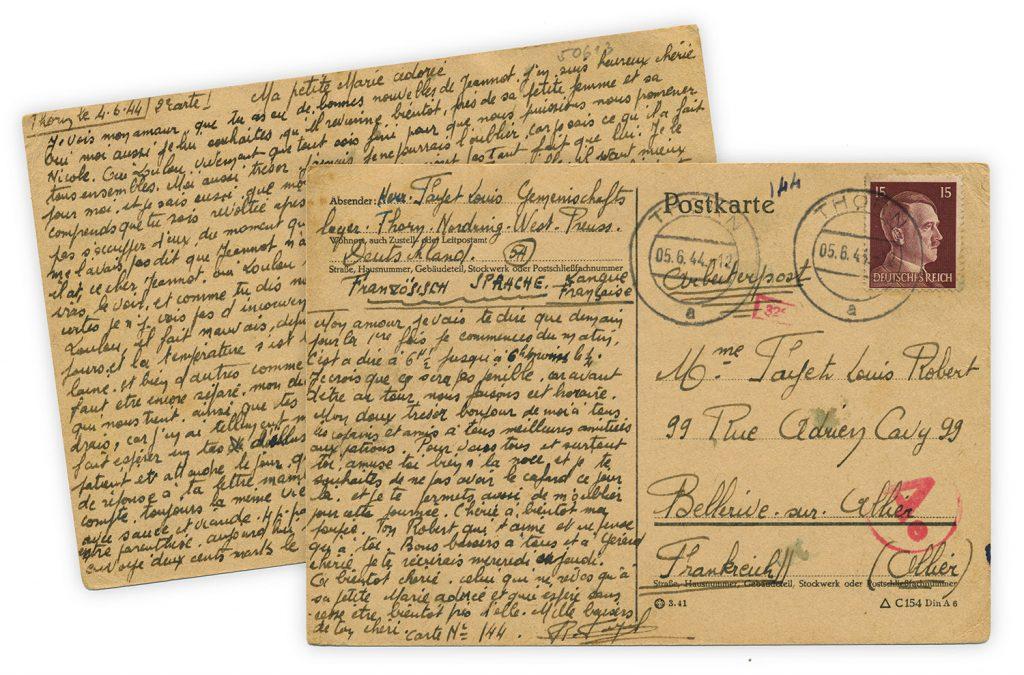 Front and back images of postcard written by French Forced Laborer Louis-Robert Fayet on June 4, 1944 