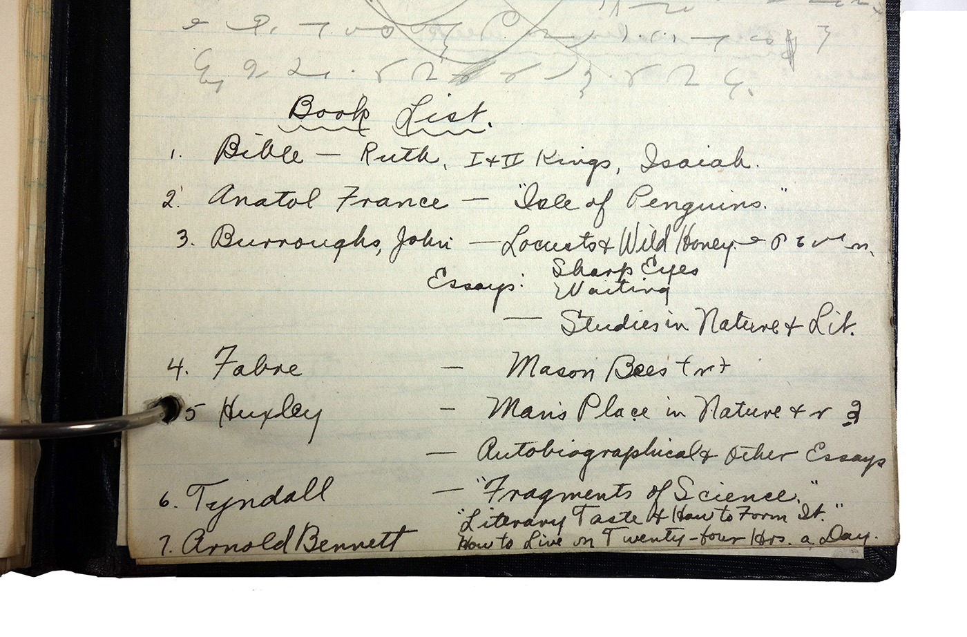 Binder with handwritten class notes, made in 1921/1922 by Charlotte Cummings while at the University of Wisconsin-Madison. Page shows reading list, which includes the Bible, Anatol France, John Burroughs, Fabre, Huxley, Tyndall and Arnold Bennett.