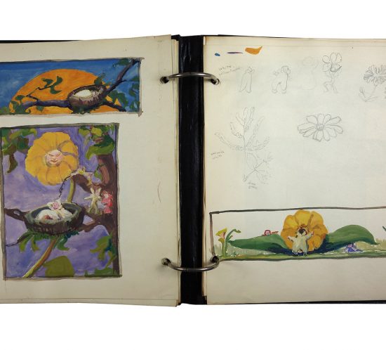 Binder with class notes, made in 1921/1922 by Charlotte Cummings while at the University of Wisconsin-Madison. Interior page showing color study using blues, oranges and purples.