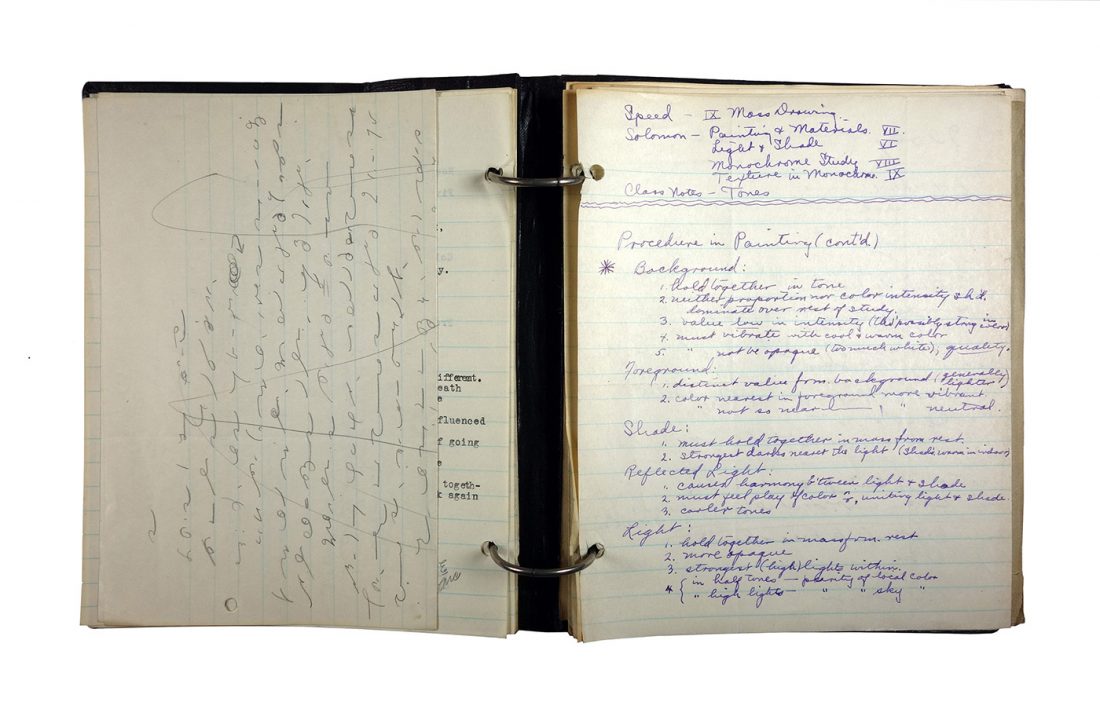 Binder with handwritten class notes from Drawing and Painting classes, made in 1921/1922 by Charlotte Cummings while at the University of Wisconsin-Madison