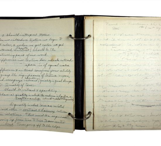 Binder with handwritten class notes from Drawing and Painting classes, made in 1921/1922 by Charlotte Cummings while at the University of Wisconsin-Madison