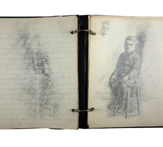 Binder with black chalk sketch of young boy sitting on stool; made in 1921/1922 by Charlotte Cummings while at the University of Wisconsin-Madison