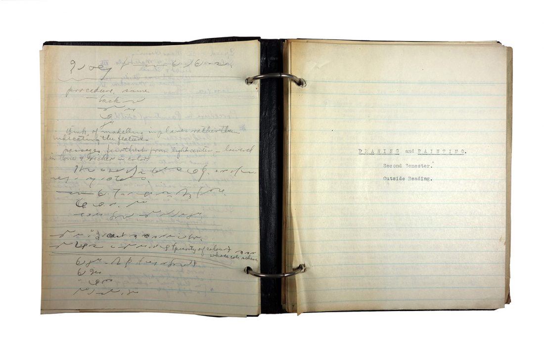 Binder with typed and handwritten class notes, made in 1921/1922 by Charlotte Cummings while at the University of Wisconsin-Madison. Left-hand page was written in shorthand, the right-hand pages shows the beginning of a section on "Drawing and Painting, Second semester."