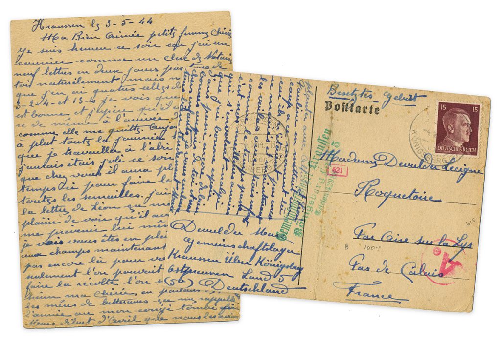 Front and back side of handwritten postcard from WWII