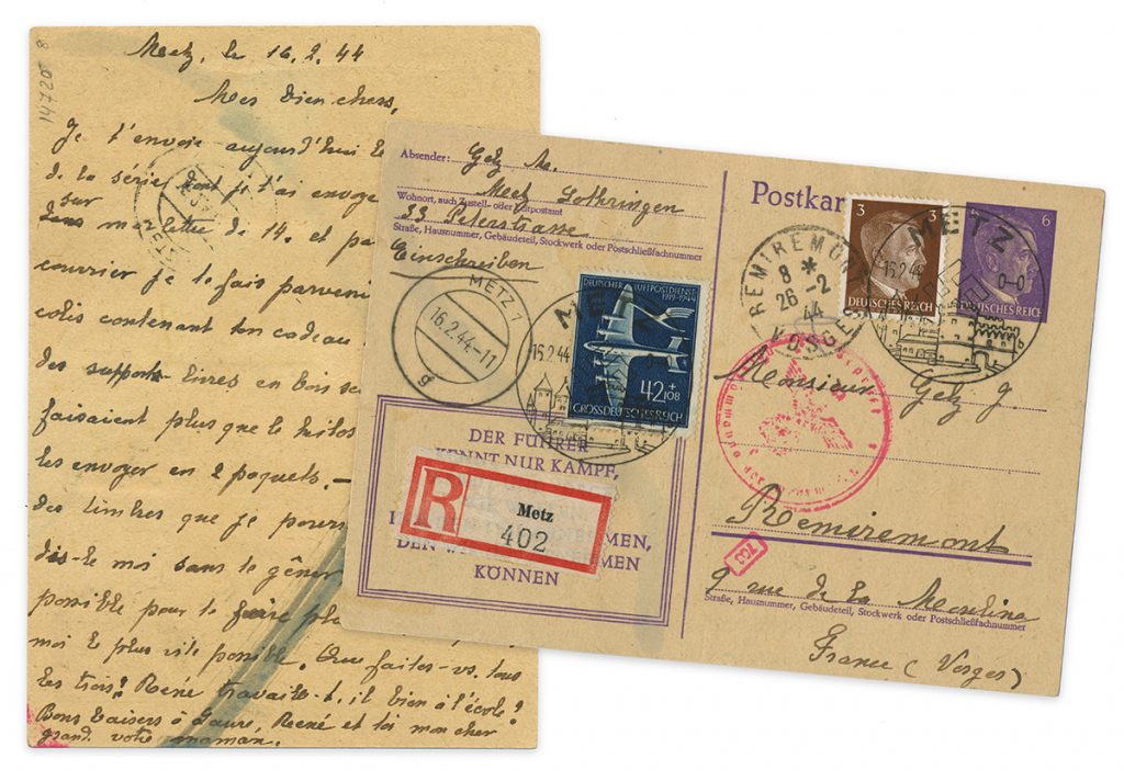 Front and back side of handwritten postcard from WWII