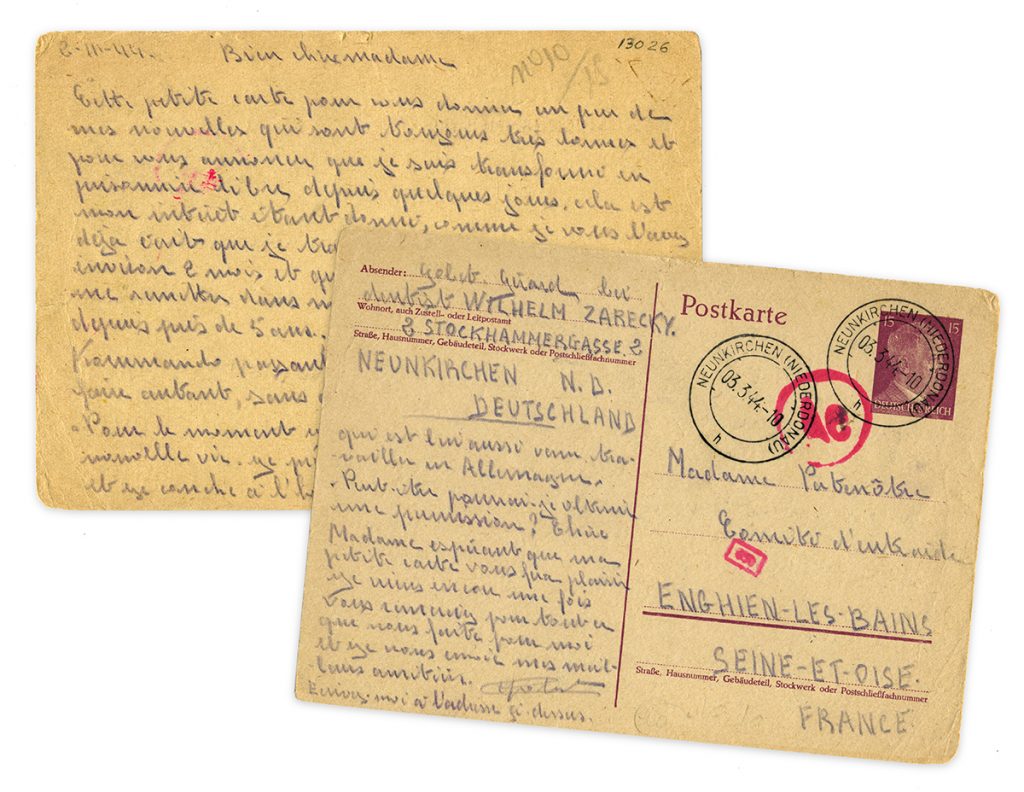 Front and back side of handwritten postcard from WWII