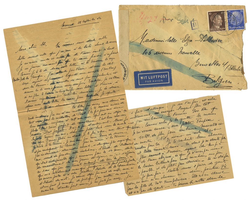 Handwritten WWII letter, written in French in black ink, covered with four chemical censor marks.