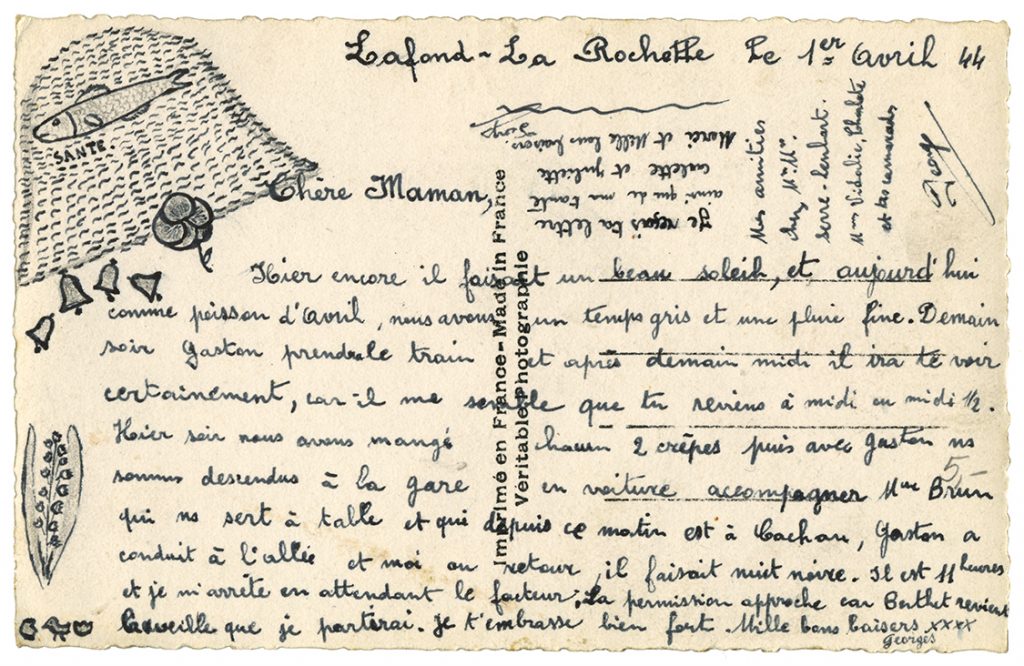Handwritten WWII postcard, written in French, with hand-drawn fish basket and Lily of the Valley