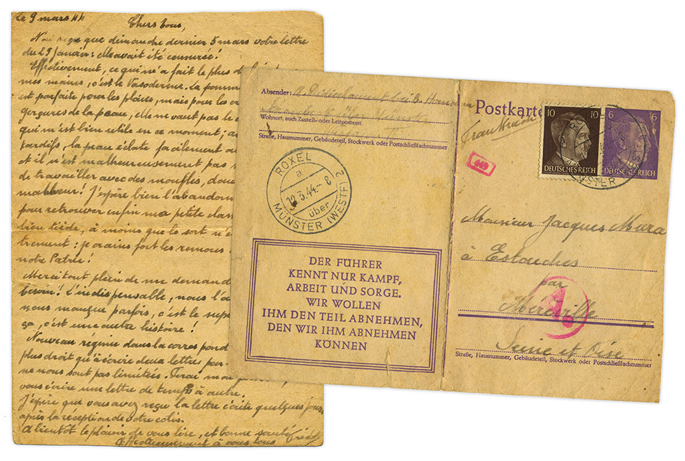 Front and back of postcard written March 9, 1944 by WWII French forced laborer in Roxel, Germany. Paper is yellow and tiny cursive handwriting is in dark brown ink.