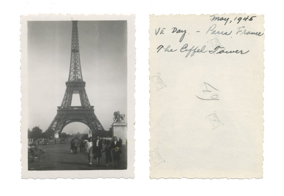 Photo taken on VE Day in Paris; shows Eiffel Tower