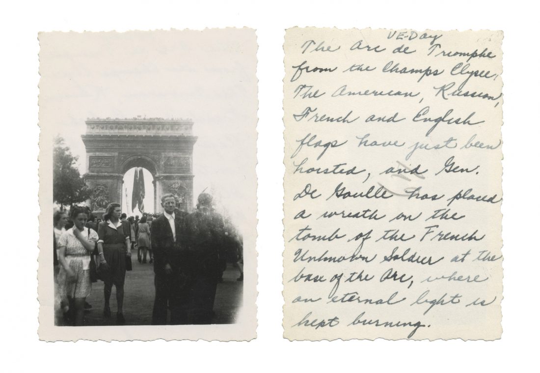 Photo taken on VE Day in Paris; shows Arc de Triomphe