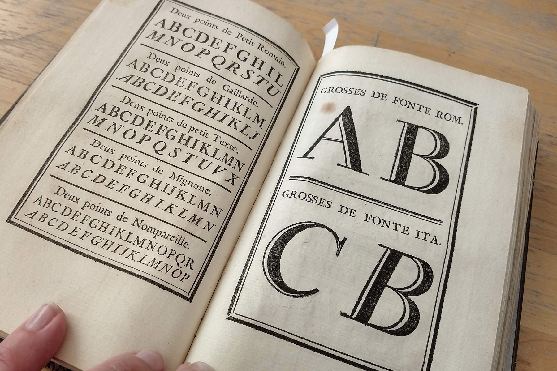 Close up photo of type specimen page; Letterform Archive, San Francisco