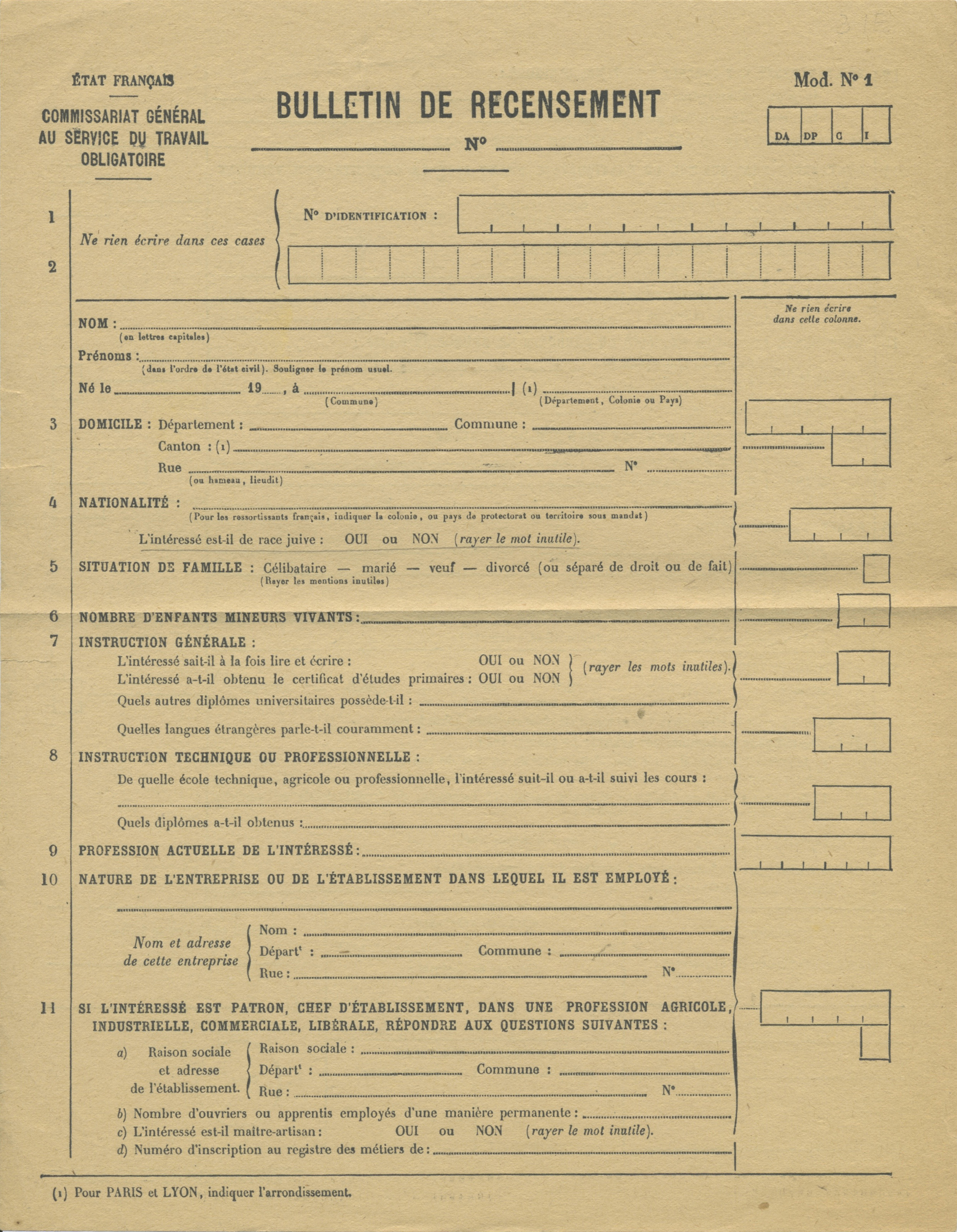 Front side of Census document for Service du Travail Obligatoire