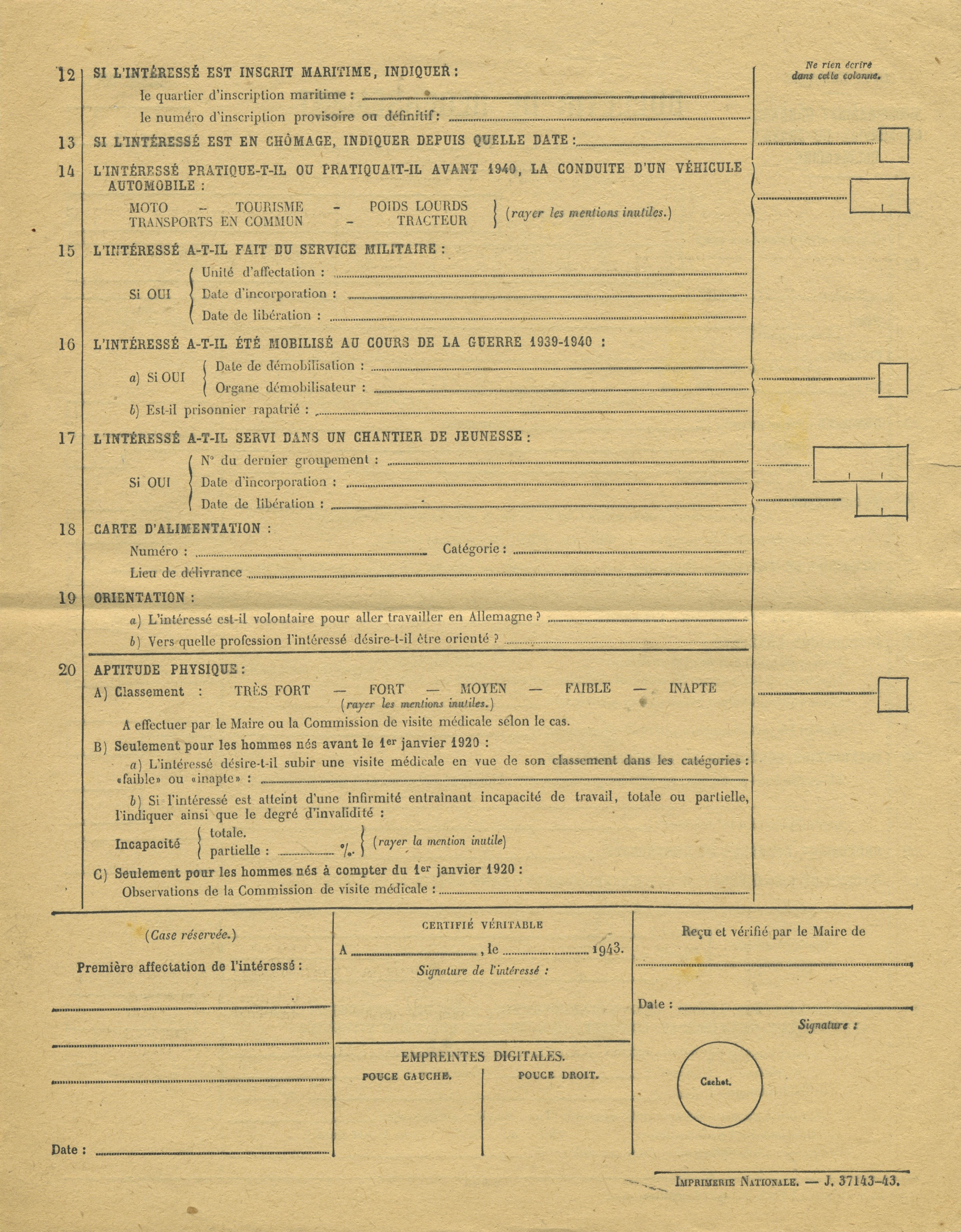 Back side of Census document for Service du Travail Obligatoire