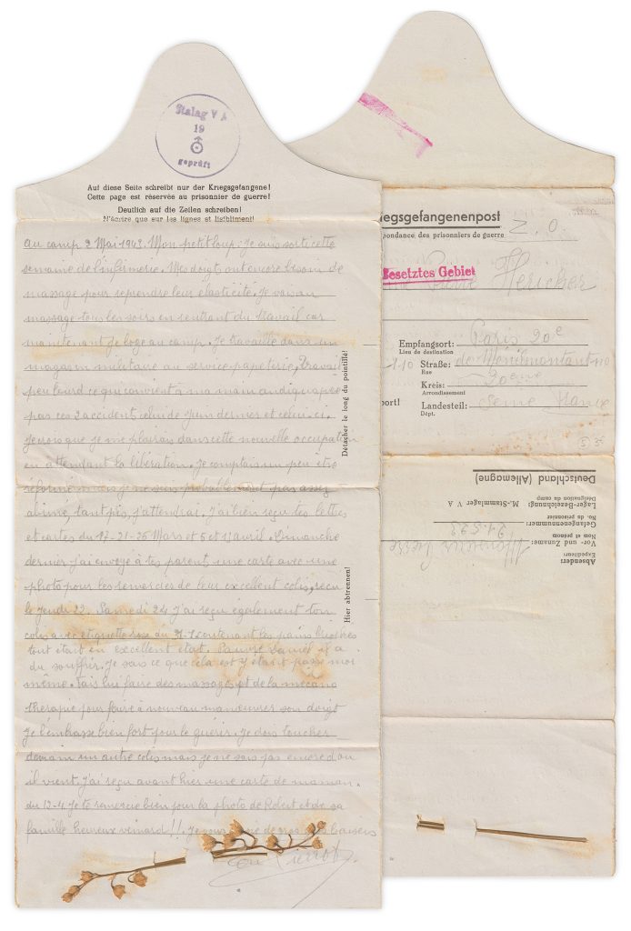 Composite image showing front and back of letter written May 2, 1943 by French POW Pierre Hericher. The letter includes a sprig of Lily of the Valley.